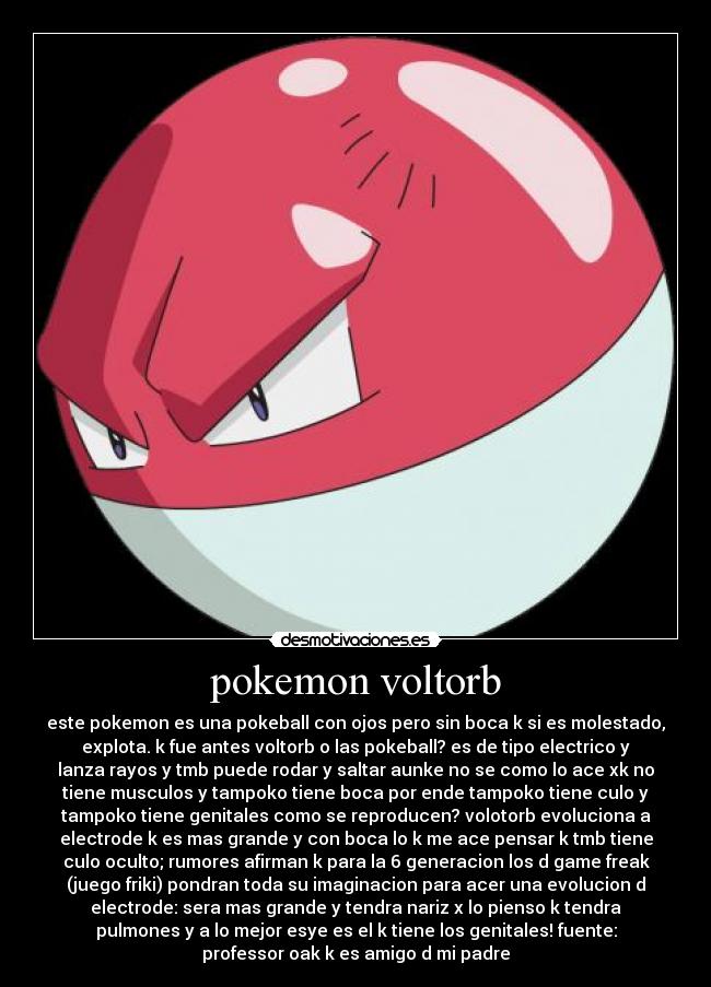 pokemon voltorb - este pokemon es una pokeball con ojos pero sin boca k si es molestado,
explota. k fue antes voltorb o las pokeball? es de tipo electrico y
lanza rayos y tmb puede rodar y saltar aunke no se como lo ace xk no
tiene musculos y tampoko tiene boca por ende tampoko tiene culo y
tampoko tiene genitales como se reproducen? volotorb evoluciona a
electrode k es mas grande y con boca lo k me ace pensar k tmb tiene
culo oculto; rumores afirman k para la 6 generacion los d game freak
(juego friki) pondran toda su imaginacion para acer una evolucion d
electrode: sera mas grande y tendra nariz x lo pienso k tendra
pulmones y a lo mejor esye es el k tiene los genitales! fuente:
professor oak k es amigo d mi padre