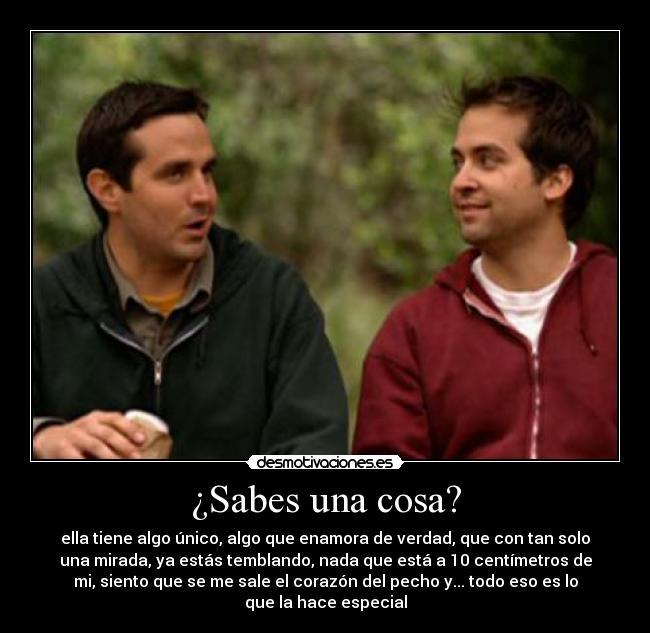 ¿Sabes una cosa? - ella tiene algo único, algo que enamora de verdad, que con tan solo
una mirada, ya estás temblando, nada que está a 10 centímetros de
mi, siento que se me sale el corazón del pecho y... todo eso es lo
que la hace especial