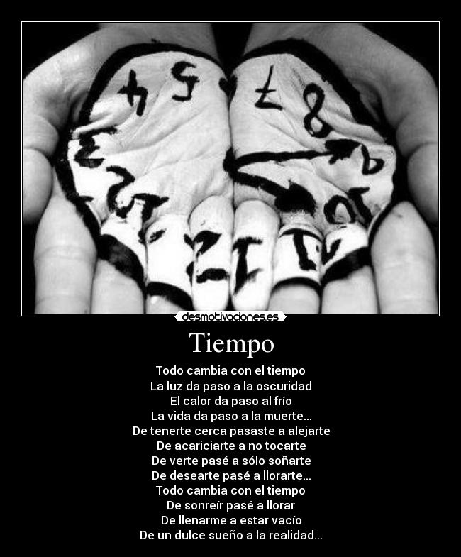 Tiempo - Todo cambia con el tiempo
La luz da paso a la oscuridad
El calor da paso al frío
La vida da paso a la muerte...
De tenerte cerca pasaste a alejarte
De acariciarte a no tocarte
De verte pasé a sólo soñarte
De desearte pasé a llorarte...
Todo cambia con el tiempo
De sonreír pasé a llorar
De llenarme a estar vacío
De un dulce sueño a la realidad...