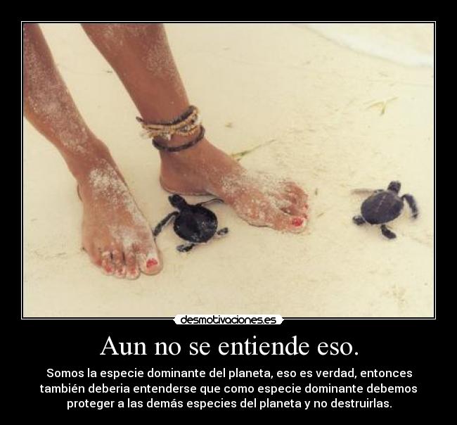Aun no se entiende eso. - Somos la especie dominante del planeta, eso es verdad, entonces
también deberia entenderse que como especie dominante debemos
proteger a las demás especies del planeta y no destruirlas.