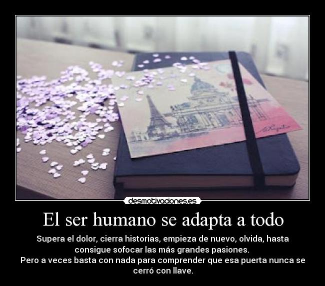 El ser humano se adapta a todo - Supera el dolor, cierra historias, empieza de nuevo, olvida, hasta
consigue sofocar las más grandes pasiones.
Pero a veces basta con nada para comprender que esa puerta nunca se
cerró con llave.
