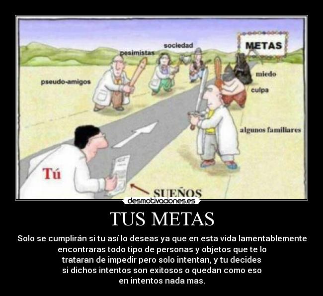 TUS METAS - Solo se cumplirán si tu así lo deseas ya que en esta vida lamentablemente
encontraras todo tipo de personas y objetos que te lo
trataran de impedir pero solo intentan, y tu decides
si dichos intentos son exitosos o quedan como eso
en intentos nada mas.