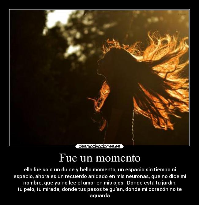 Fue un momento - ella fue solo un dulce y bello momento, un espacio sin tiempo ni
espacio, ahora es un recuerdo anidado en mis neuronas, que no dice mi
nombre, que ya no lee el amor en mis ojos.  Dónde está tu jardín,
tu pelo, tu mirada, donde tus pasos te guían, donde mi corazón no te
aguarda