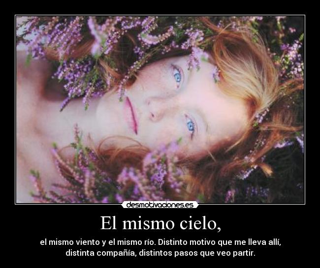 El mismo cielo, - el mismo viento y el mismo río. Distinto motivo que me lleva allí,
distinta compañía, distintos pasos que veo partir.