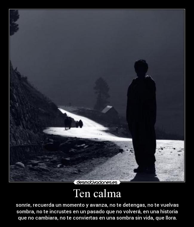 Ten calma - sonríe, recuerda un momento y avanza, no te detengas, no te vuelvas
sombra, no te incrustes en un pasado que no volverá, en una historia
que no cambiara, no te conviertas en una sombra sin vida, que llora.