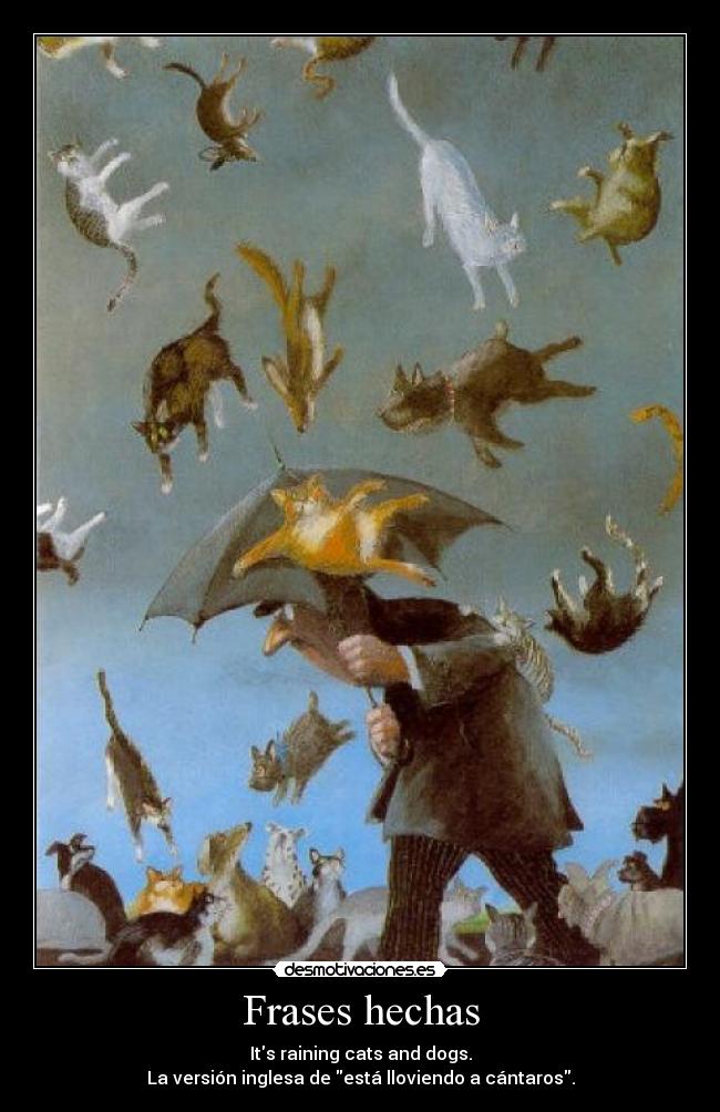 Frases hechas - Its raining cats and dogs.
La versión inglesa de está lloviendo a cántaros.