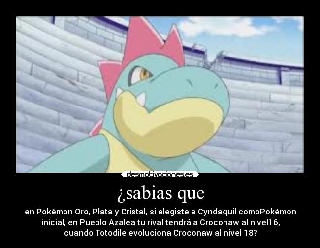 ¿sabias que - en Pokémon Oro, Plata y Cristal, si elegiste a Cyndaquil comoPokémon
inicial, en Pueblo Azalea tu rival tendrá a Croconaw al nivel16,
cuando Totodile evoluciona Croconaw al nivel 18?