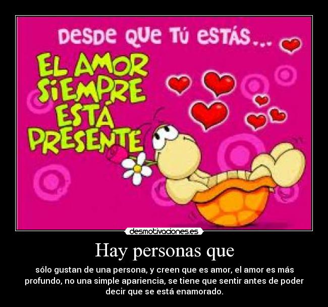 Hay personas que - sólo gustan de una persona, y creen que es amor, el amor es más
profundo, no una simple apariencia, se tiene que sentir antes de poder
decir que se está enamorado.