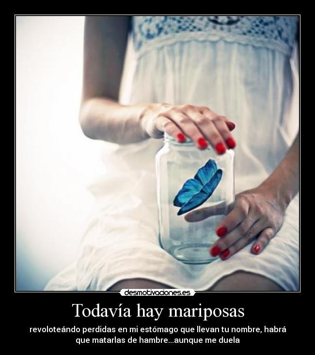 Todavía hay mariposas - revoloteándo perdidas en mi estómago que llevan tu nombre, habrá
que matarlas de hambre...aunque me duela