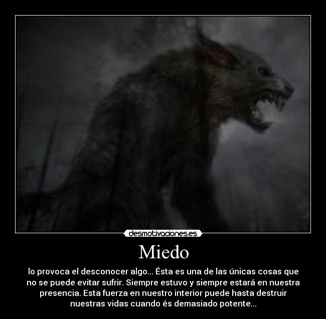 Miedo - lo provoca el desconocer algo... Ésta es una de las únicas cosas que
no se puede evitar sufrir. Siempre estuvo y siempre estará en nuestra
presencia. Esta fuerza en nuestro interior puede hasta destruir
nuestras vidas cuando és demasiado potente...