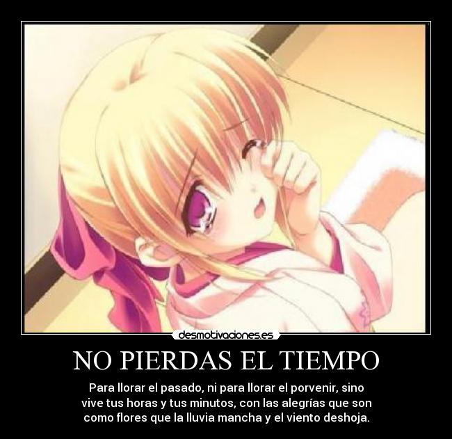 NO PIERDAS EL TIEMPO - Para llorar el pasado, ni para llorar el porvenir, sino
vive tus horas y tus minutos, con las alegrías que son
como flores que la lluvia mancha y el viento deshoja.