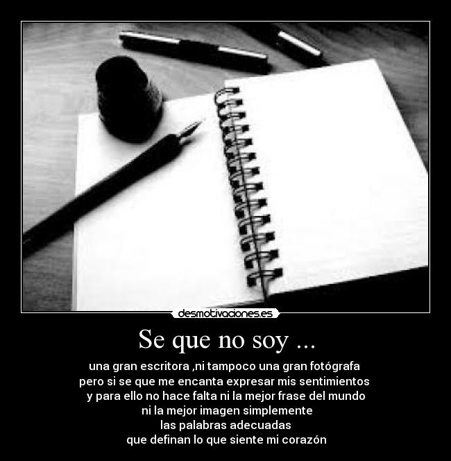 Se que no soy ... - una gran escritora ,ni tampoco una gran fotógrafa 
pero si se que me encanta expresar mis sentimientos 
y para ello no hace falta ni la mejor frase del mundo
 ni la mejor imagen simplemente
 las palabras adecuadas 
que definan lo que siente mi corazón