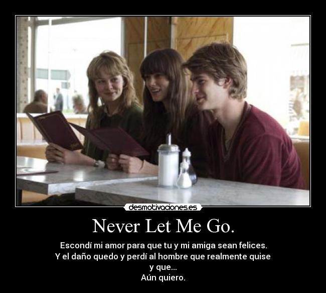 Never Let Me Go. - Escondí mi amor para que tu y mi amiga sean felices.
Y el daño quedo y perdí al hombre que realmente quise
y que...
Aún quiero.