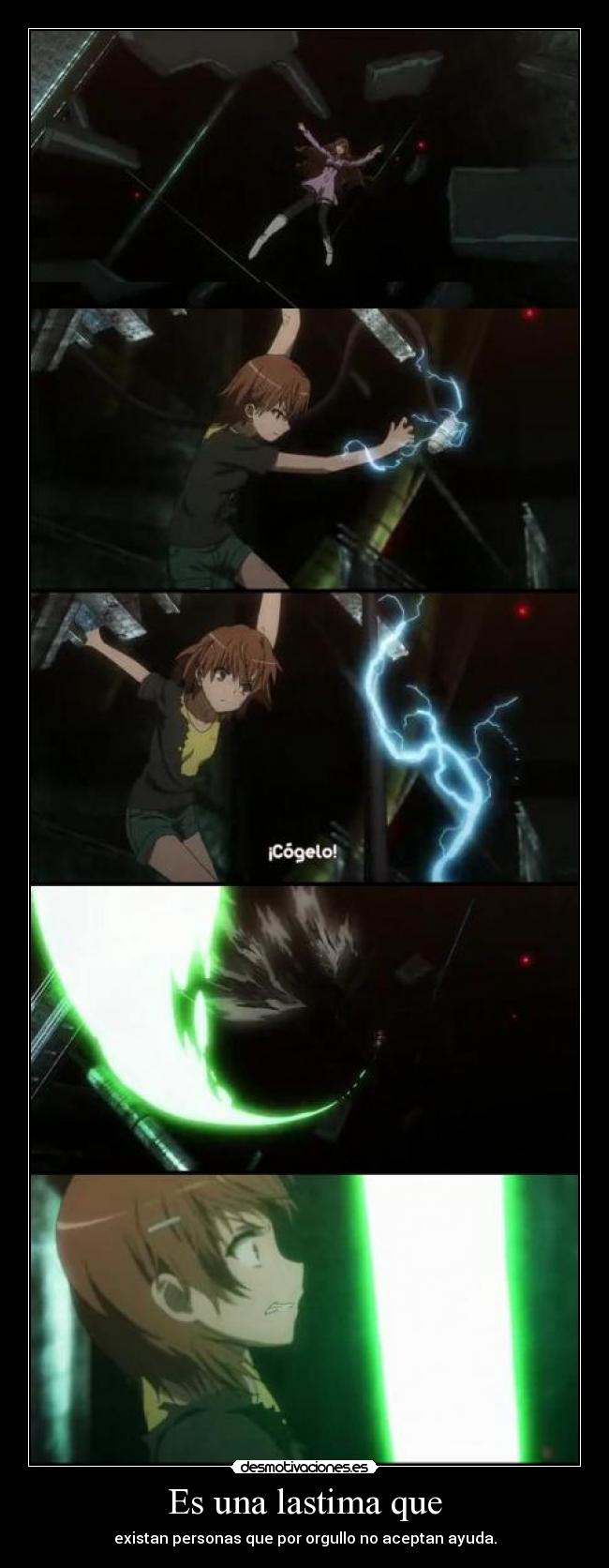 carteles anime aru kagaku railgun enemigo cayendo precipicio misaka ofrece ayudayesrechazada desmotivaciones