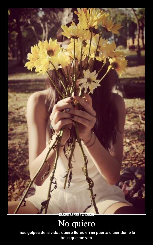 No quiero - mas golpes de la vida , quiero flores en mi puerta diciéndome lo bella que me veo.