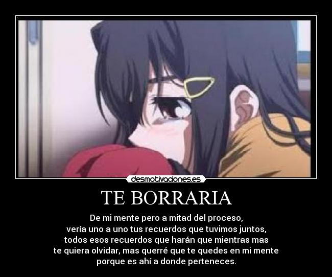 TE BORRARIA - De mi mente pero a mitad del proceso,
vería uno a uno tus recuerdos que tuvimos juntos,
todos esos recuerdos que harán que mientras mas
te quiera olvidar, mas querré que te quedes en mi mente
porque es ahí a donde perteneces.