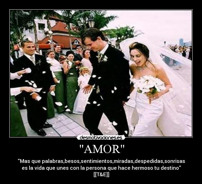 AMOR - Mas que palabras,besos,sentimientos,miradas,despedidas,sonrisas
es la vida que unes con la persona que hace hermoso tu destino
[[T&E]]
