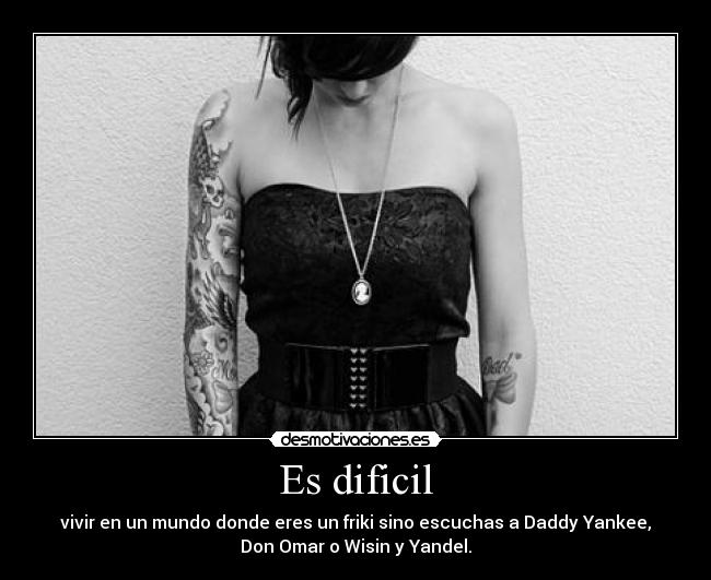 Es dificil - vivir en un mundo donde eres un friki sino escuchas a Daddy Yankee,
Don Omar o Wisin y Yandel.