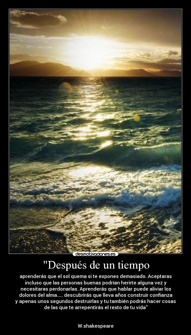 Después de un tiempo - aprenderás que el sol quema si te expones demasiado. Aceptaras
incluso que las personas buenas podrían herirte alguna vez y
necesitaras perdonarlas. Aprenderás que hablar puede aliviar los
dolores del alma..... descubrirás que lleva años construir confianza
y apenas unos segundos destruirlas y tu también podrás hacer cosas
de las que te arrepentirás el resto de tu vida
W.shakespeare