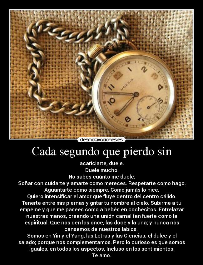 Cada segundo que pierdo sin - acariciarte, duele.
Duele mucho.
No sabes cuánto me duele.
Soñar con cuidarte y amarte como mereces. Respetarte como hago.
Aguantarte como siempre. Como jamás lo hice.
Quiero intensificar el amor que fluye dentro del centro cálido.
Tenerte entre mis piernas y gritar tu nombre al cielo. Subirme a tu
empeine y que me pasees como a bebés en cochecitos. Entrelazar
nuestras manos, creando una unión carnal tan fuerte como la
espiritual. Que nos den las once, las doce y la una; y nunca nos
cansemos de nuestros labios. 
Somos en Yin y el Yang, las Letras y las Ciencias, el dulce y el
salado; porque nos complementamos. Pero lo curioso es que somos
iguales, en todos los aspectos. Incluso en los sentimientos.
Te amo.