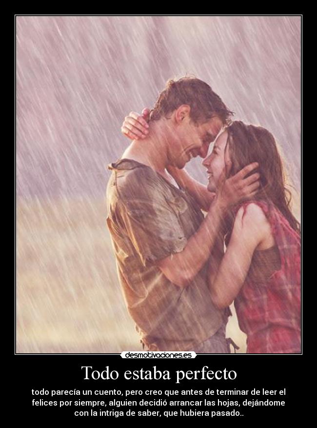 Todo estaba perfecto - todo parecía un cuento, pero creo que antes de terminar de leer el
felices por siempre, alguien decidió arrancar las hojas, dejándome
con la intriga de saber, que hubiera pasado..