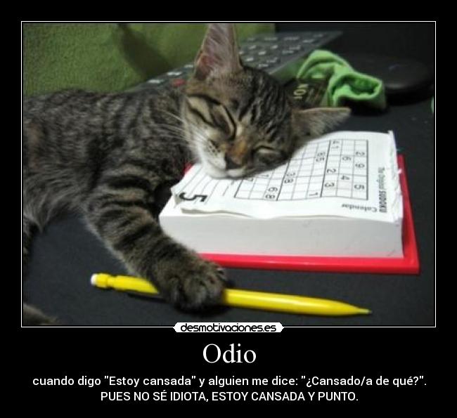 Odio - cuando digo Estoy cansada y alguien me dice: ¿Cansado/a de qué?.
PUES NO SÉ IDIOTA, ESTOY CANSADA Y PUNTO.