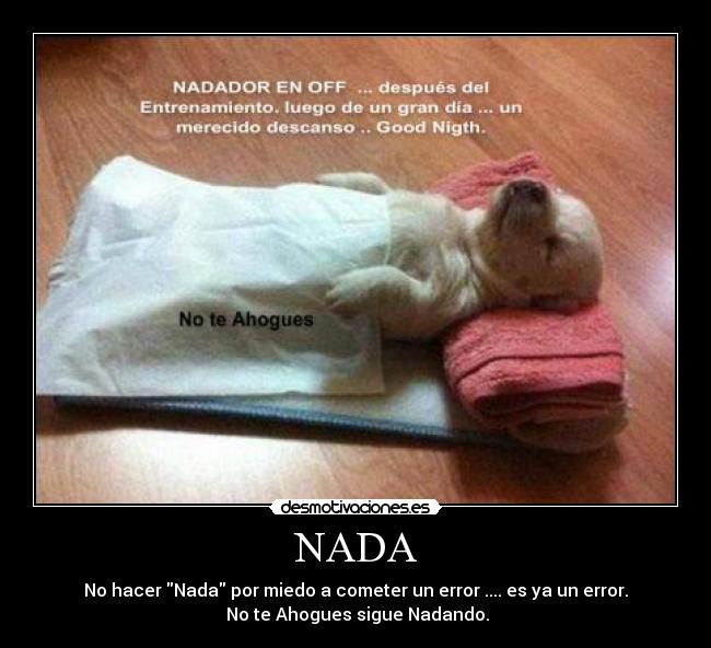 NADA - No hacer Nada por miedo a cometer un error .... es ya un error.
 No te Ahogues sigue Nadando.