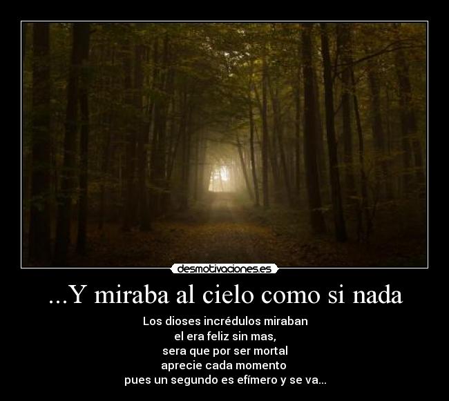 ...Y miraba al cielo como si nada - Los dioses incrédulos miraban
el era feliz sin mas,
sera que por ser mortal
aprecie cada momento 
pues un segundo es efímero y se va...