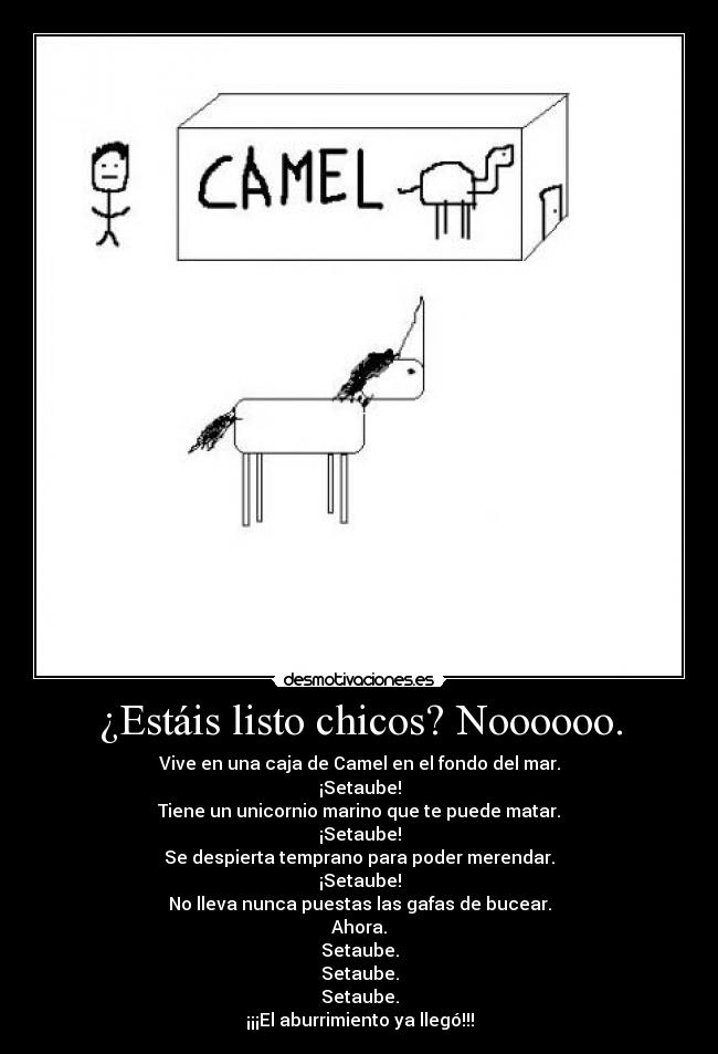 ¿Estáis listo chicos? Noooooo. - Vive en una caja de Camel en el fondo del mar.
¡Setaube!
Tiene un unicornio marino que te puede matar.
¡Setaube!
Se despierta temprano para poder merendar.
¡Setaube!
No lleva nunca puestas las gafas de bucear.
Ahora.
Setaube.
Setaube.
Setaube.
¡¡¡El aburrimiento ya llegó!!!