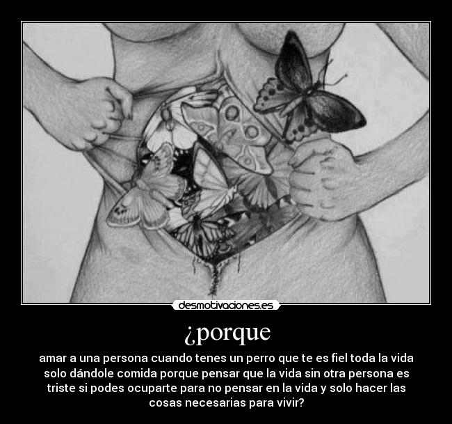 ¿porque - amar a una persona cuando tenes un perro que te es fiel toda la vida
solo dándole comida porque pensar que la vida sin otra persona es
triste si podes ocuparte para no pensar en la vida y solo hacer las
cosas necesarias para vivir?