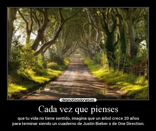 Cada vez que pienses - que tu vida no tiene sentido, imagina que un árbol crece 20 años
para terminar siendo un cuaderno de Justin Bieber o de One Direction.