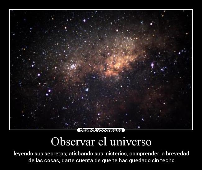 Observar el universo - leyendo sus secretos, atisbando sus misterios, comprender la brevedad
de las cosas, darte cuenta de que te has quedado sin techo