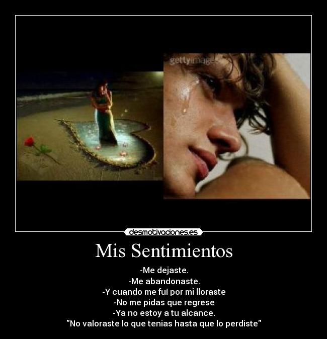 Mis Sentimientos - -Me dejaste.
-Me abandonaste.
-Y cuando me fuí por mi lloraste
-No me pidas que regrese
-Ya no estoy a tu alcance.
No valoraste lo que tenias hasta que lo perdiste