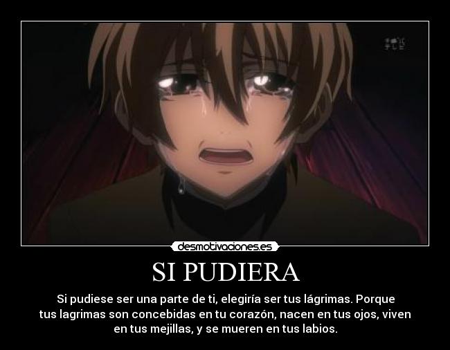 SI PUDIERA - Si pudiese ser una parte de ti, elegiría ser tus lágrimas. Porque
tus lagrimas son concebidas en tu corazón, nacen en tus ojos, viven
en tus mejillas, y se mueren en tus labios.