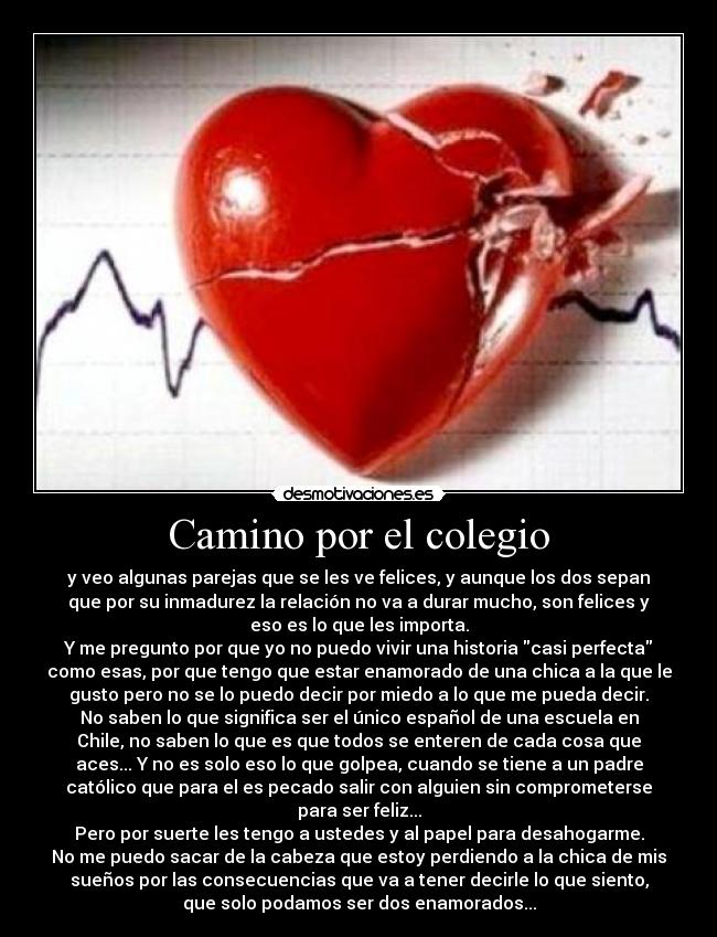 Camino por el colegio - y veo algunas parejas que se les ve felices, y aunque los dos sepan
que por su inmadurez la relación no va a durar mucho, son felices y
eso es lo que les importa.
Y me pregunto por que yo no puedo vivir una historia casi perfecta
como esas, por que tengo que estar enamorado de una chica a la que le
gusto pero no se lo puedo decir por miedo a lo que me pueda decir.
No saben lo que significa ser el único español de una escuela en
Chile, no saben lo que es que todos se enteren de cada cosa que
aces... Y no es solo eso lo que golpea, cuando se tiene a un padre
católico que para el es pecado salir con alguien sin comprometerse
para ser feliz...
Pero por suerte les tengo a ustedes y al papel para desahogarme.
No me puedo sacar de la cabeza que estoy perdiendo a la chica de mis
sueños por las consecuencias que va a tener decirle lo que siento,
que solo podamos ser dos enamorados...