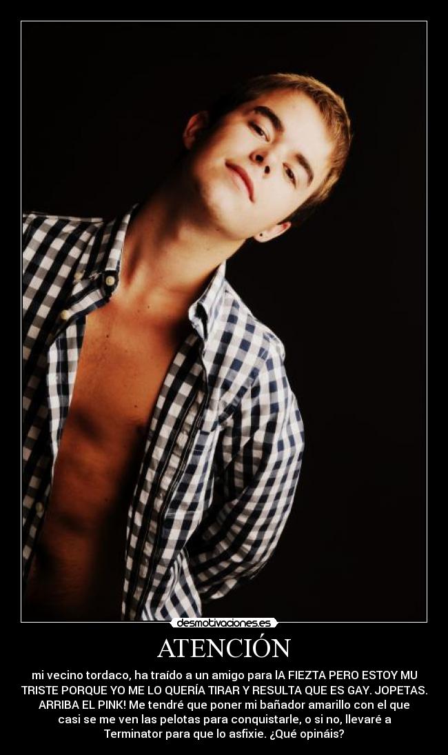 ATENCIÓN - mi vecino tordaco, ha traído a un amigo para lA FIEZTA PERO ESTOY MU
TRISTE PORQUE YO ME LO QUERÍA TIRAR Y RESULTA QUE ES GAY. JOPETAS.
ARRIBA EL PINK! Me tendré que poner mi bañador amarillo con el que
casi se me ven las pelotas para conquistarle, o si no, llevaré a
Terminator para que lo asfixie. ¿Qué opináis?