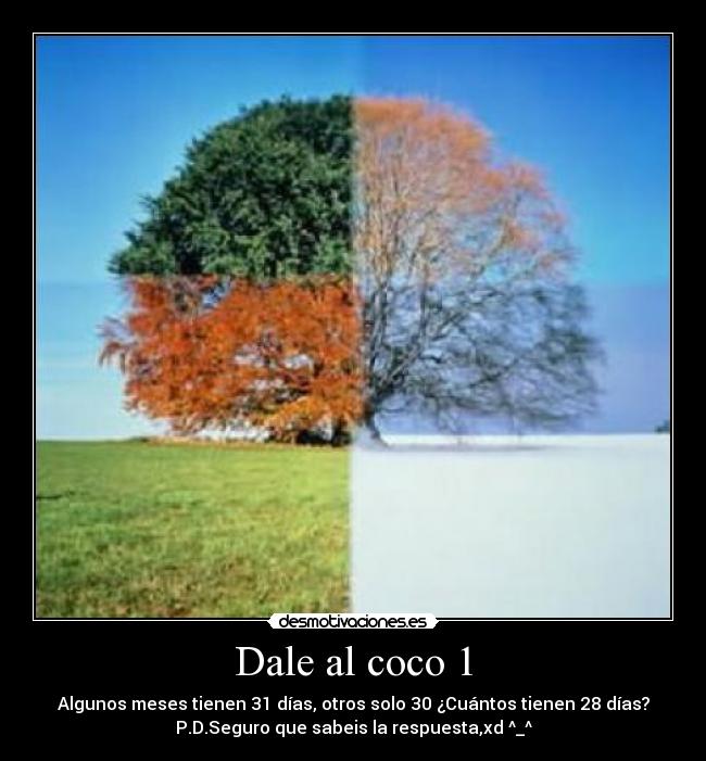 Dale al coco 1 - Algunos meses tienen 31 días, otros solo 30 ¿Cuántos tienen 28 días?
P.D.Seguro que sabeis la respuesta,xd ^_^