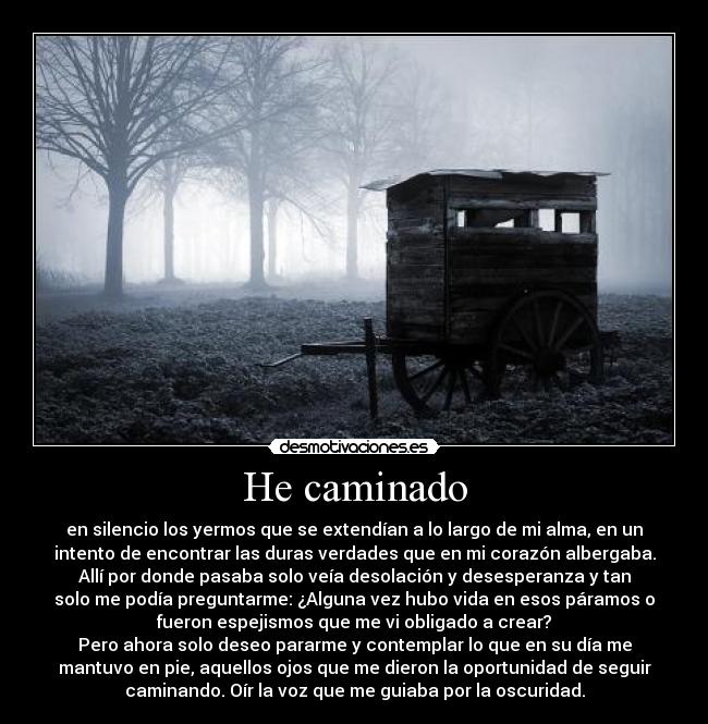 He caminado - en silencio los yermos que se extendían a lo largo de mi alma, en un
intento de encontrar las duras verdades que en mi corazón albergaba.
Allí por donde pasaba solo veía desolación y desesperanza y tan
solo me podía preguntarme: ¿Alguna vez hubo vida en esos páramos o
fueron espejismos que me vi obligado a crear?
Pero ahora solo deseo pararme y contemplar lo que en su día me
mantuvo en pie, aquellos ojos que me dieron la oportunidad de seguir
caminando. Oír la voz que me guiaba por la oscuridad.