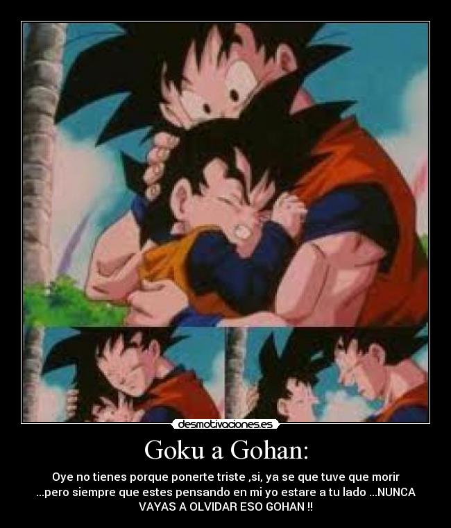 Goku a Gohan: - Oye no tienes porque ponerte triste ,si, ya se que tuve que morir
...pero siempre que estes pensando en mi yo estare a tu lado ...NUNCA
VAYAS A OLVIDAR ESO GOHAN !!