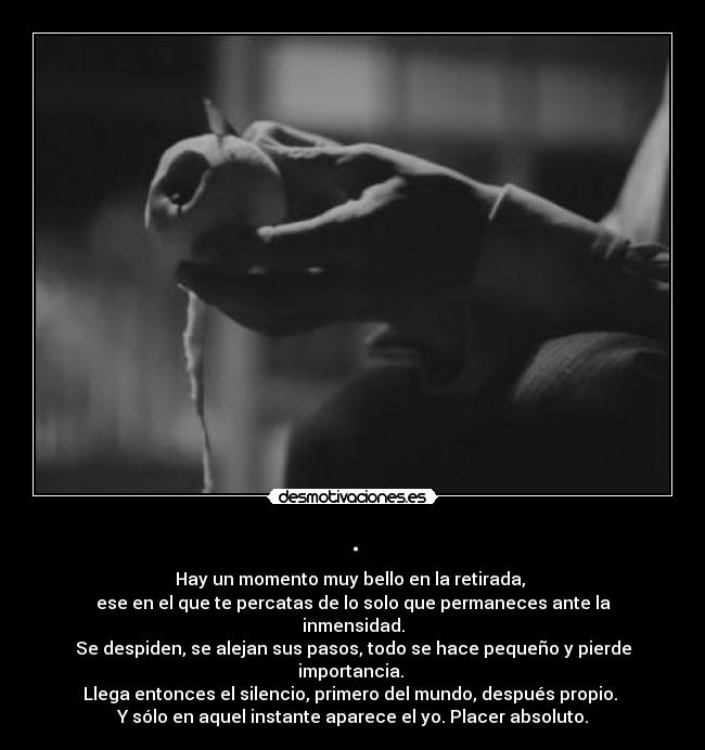 . - Hay un momento muy bello en la retirada,
ese en el que te percatas de lo solo que permaneces ante la inmensidad.
Se despiden, se alejan sus pasos, todo se hace pequeño y pierde importancia.
Llega entonces el silencio, primero del mundo, después propio.
Y sólo en aquel instante aparece el yo. Placer absoluto.