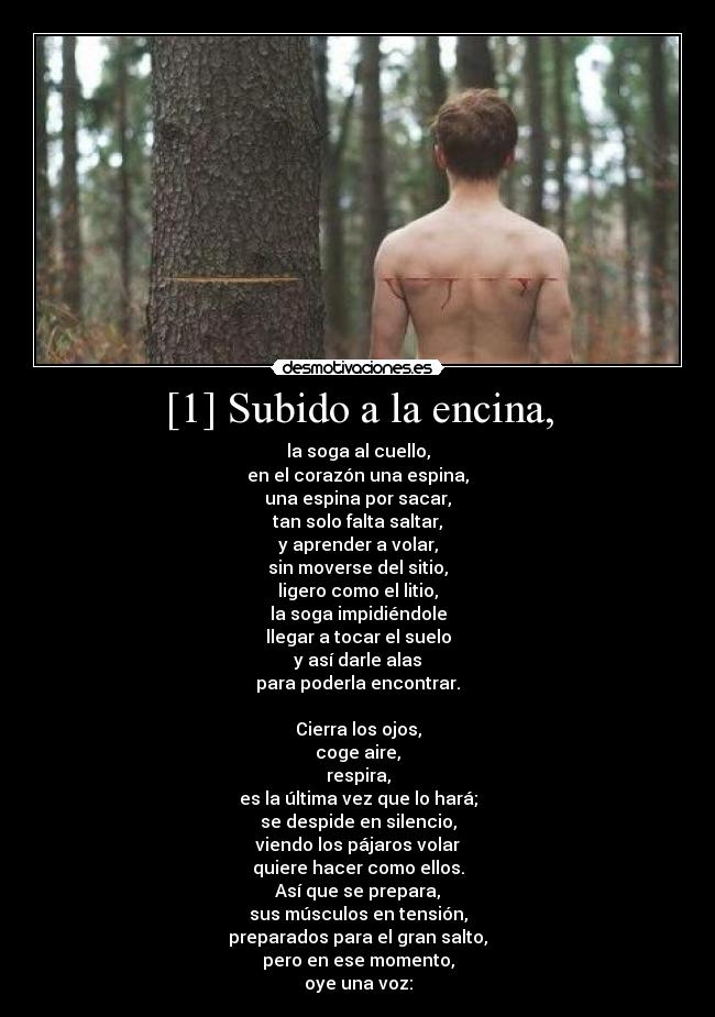 [1] Subido a la encina, - la soga al cuello,
en el corazón una espina,
una espina por sacar,
tan solo falta saltar,
y aprender a volar,
sin moverse del sitio,
ligero como el litio,
la soga impidiéndole
llegar a tocar el suelo
y así darle alas
para poderla encontrar.

Cierra los ojos,
coge aire,
respira,
es la última vez que lo hará;
se despide en silencio,
viendo los pájaros volar
quiere hacer como ellos.
Así que se prepara,
sus músculos en tensión,
preparados para el gran salto,
pero en ese momento,
oye una voz: