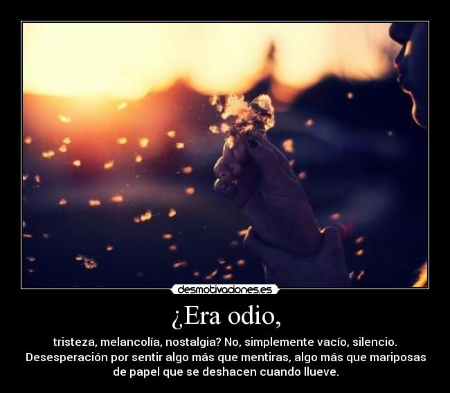 ¿Era odio, - tristeza, melancolía, nostalgia? No, simplemente vacío, silencio.
Desesperación por sentir algo más que mentiras, algo más que mariposas
de papel que se deshacen cuando llueve.