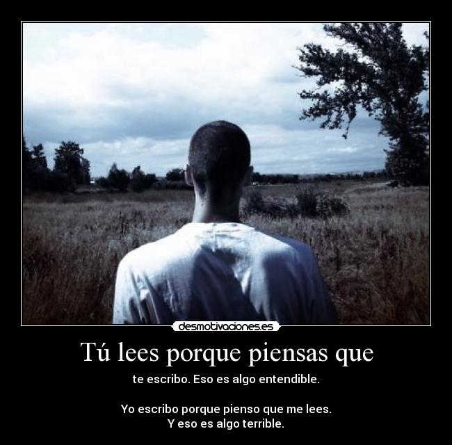 Tú lees porque piensas que - te escribo. Eso es algo entendible.
Yo escribo porque pienso que me lees.
Y eso es algo terrible.
