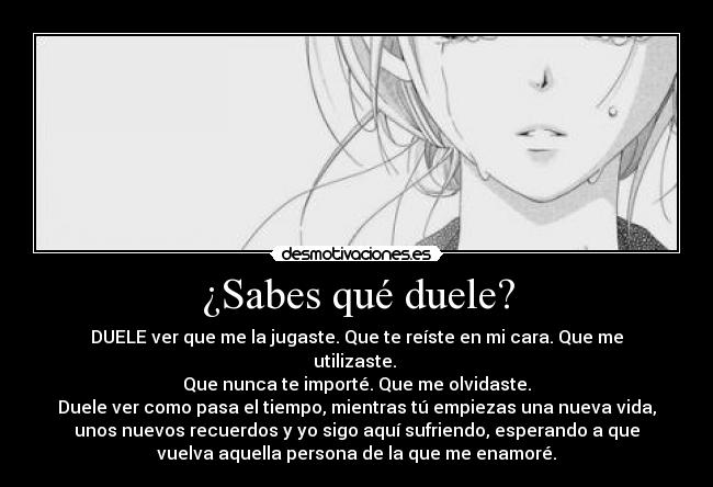 ¿Sabes qué duele? - DUELE ver que me la jugaste. Que te reíste en mi cara. Que me
utilizaste.
Que nunca te importé. Que me olvidaste.
Duele ver como pasa el tiempo, mientras tú empiezas una nueva vida,
unos nuevos recuerdos y yo sigo aquí sufriendo, esperando a que
vuelva aquella persona de la que me enamoré.