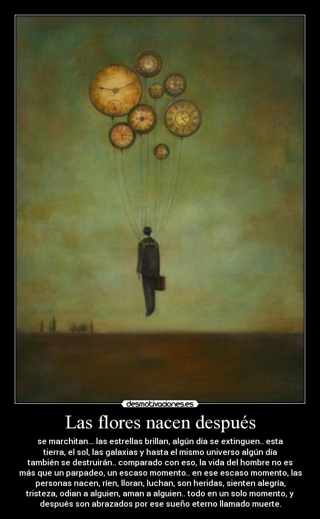 Las flores nacen después - se marchitan... las estrellas brillan, algún día se extinguen.. esta
tierra, el sol, las galaxias y hasta el mismo universo algún día
también se destruirán.. comparado con eso, la vida del hombre no es
más que un parpadeo, un escaso momento.. en ese escaso momento, las
personas nacen, ríen, lloran, luchan, son heridas, sienten alegría,
tristeza, odian a alguien, aman a alguien.. todo en un solo momento, y
después son abrazados por ese sueño eterno llamado muerte.