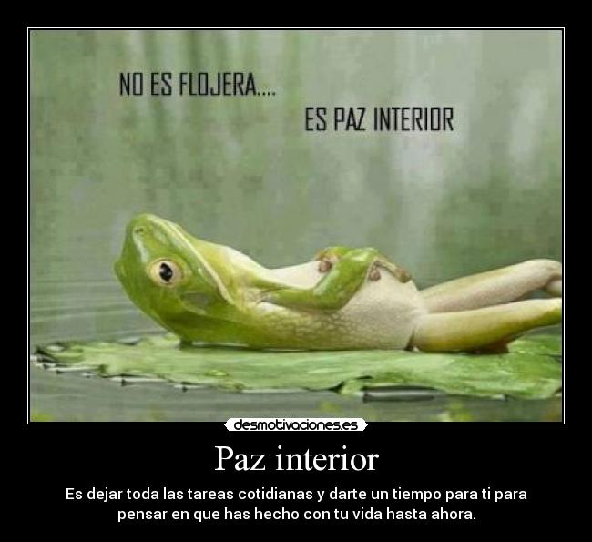 Paz interior - Es dejar toda las tareas cotidianas y darte un tiempo para ti para
pensar en que has hecho con tu vida hasta ahora.