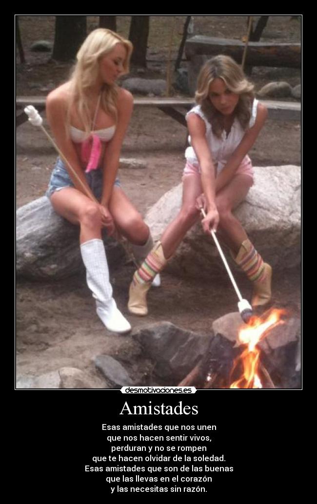 Amistades - Esas amistades que nos unen
que nos hacen sentir vivos,
perduran y no se rompen
que te hacen olvidar de la soledad.
Esas amistades que son de las buenas
que las llevas en el corazón
y las necesitas sin razón.