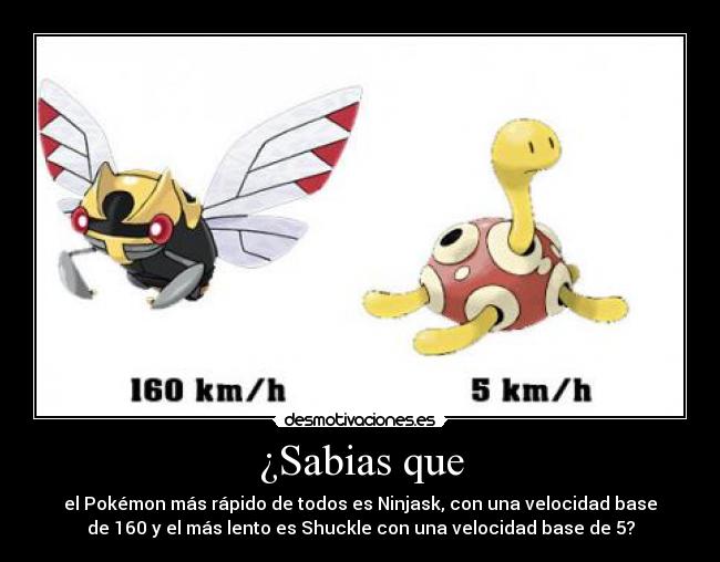¿Sabias que - el Pokémon más rápido de todos es Ninjask, con una velocidad base
de 160 y el más lento es Shuckle con una velocidad base de 5?