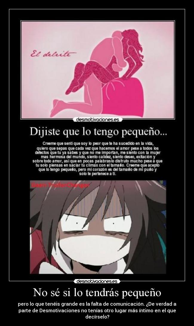 No sé si lo tendrás pequeño - pero lo que tenéis grande es la falta de comunicación. ¿De verdad a
parte de Desmotivaciones no tenías otro lugar más íntimo en el que
decírselo?