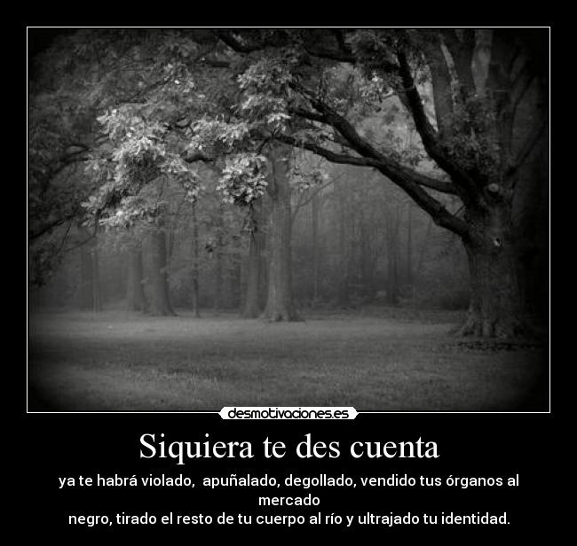 Siquiera te des cuenta - ya te habrá violado, apuñalado, degollado, vendido tus órganos al mercado
negro, tirado el resto de tu cuerpo al río y ultrajado tu identidad.
